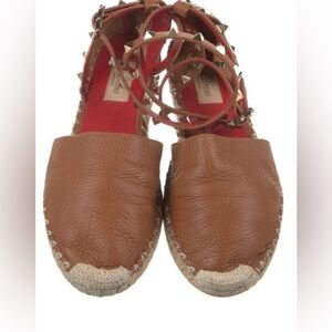 Valentino Brown Leather Rockstud Espadrilles with Red Insole